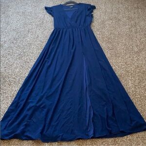 Lulu's Deep Blue V-Neck Maxi Dress with Cap Sleeves